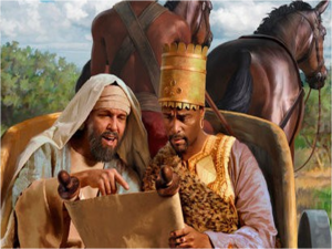 Phillip explains the Scriptures to the Ethiopian Eunuch.