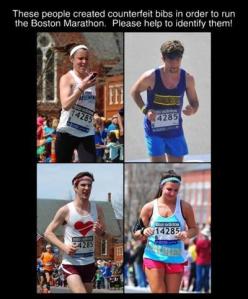 Examples of illegitimate runners with fake bibs and numbers.