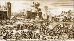 A print depicting the attack on Jerusalem and the desecration of the Jewish temple by Antiochus Epiphanes IV's forces in 168 BC.