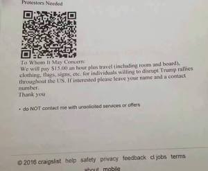 Alleged ad on Craigs List seeking people who were willing to disrupt Trump rallies for money.